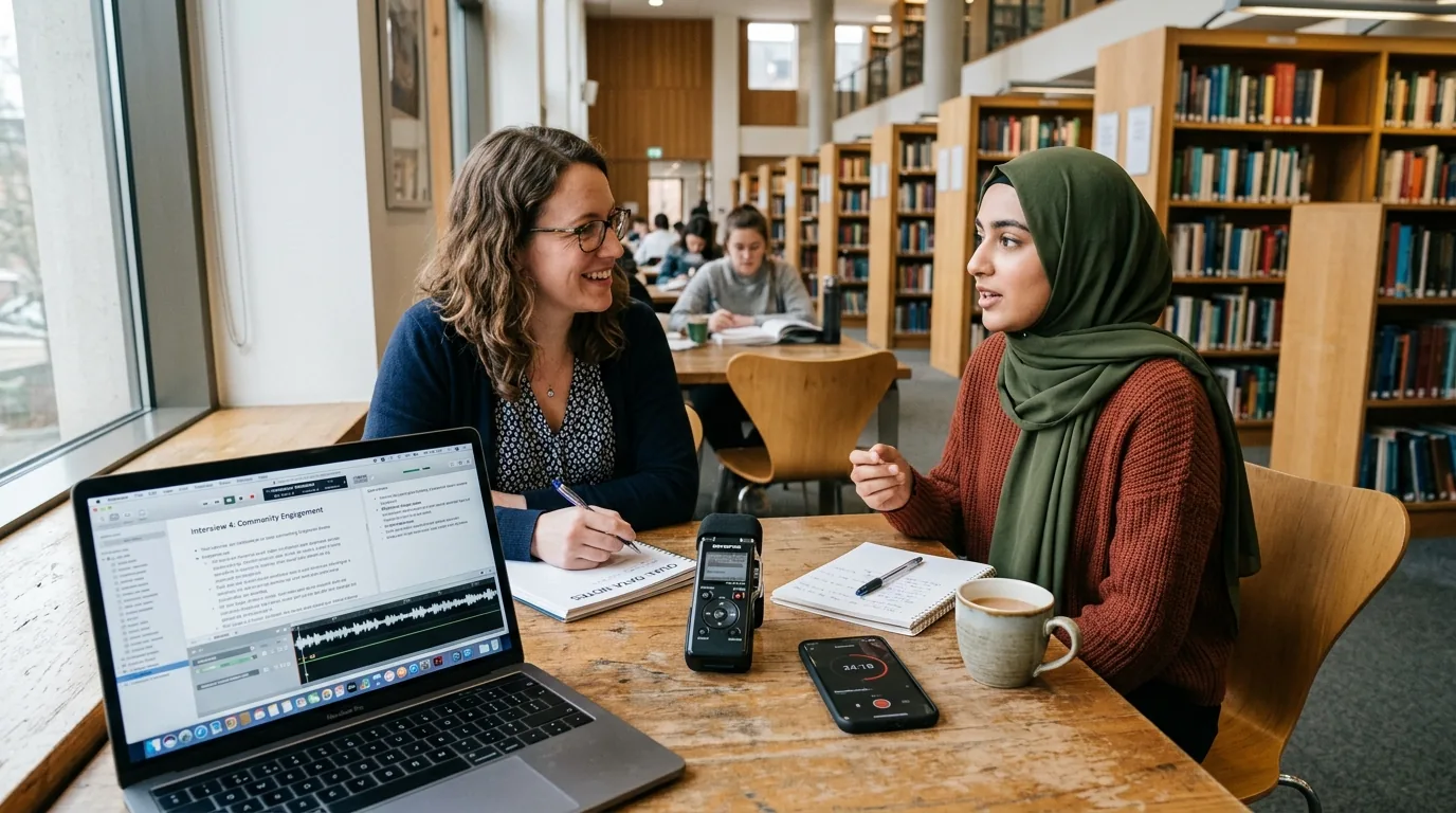 Entretien de recherche qualitative universitaire avec enregistrement audio et prise de notes