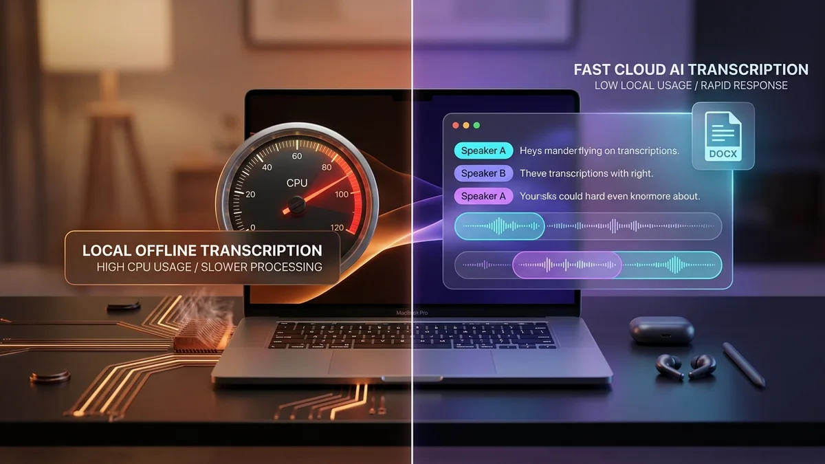 Comparatif entre la transcription locale sur MacBook (MacWhisper, Buzz) et l'architecture cloud IA 2 passes avec diarisation