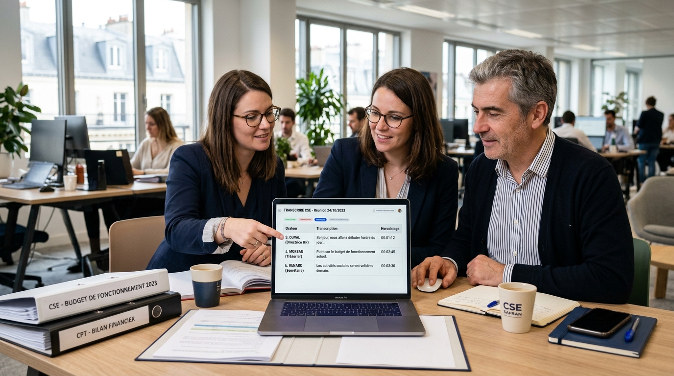Trésorière et secrétaire de CSE analysant une facture de transcription sur leur budget de fonctionnement