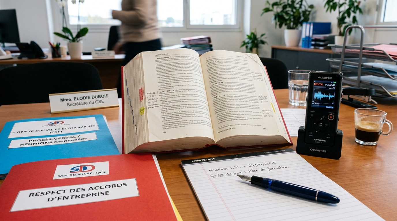 Code du Travail ouvert sur un bureau de secrétaire de CSE avec dictaphone numérique et dossiers de procès-verbaux