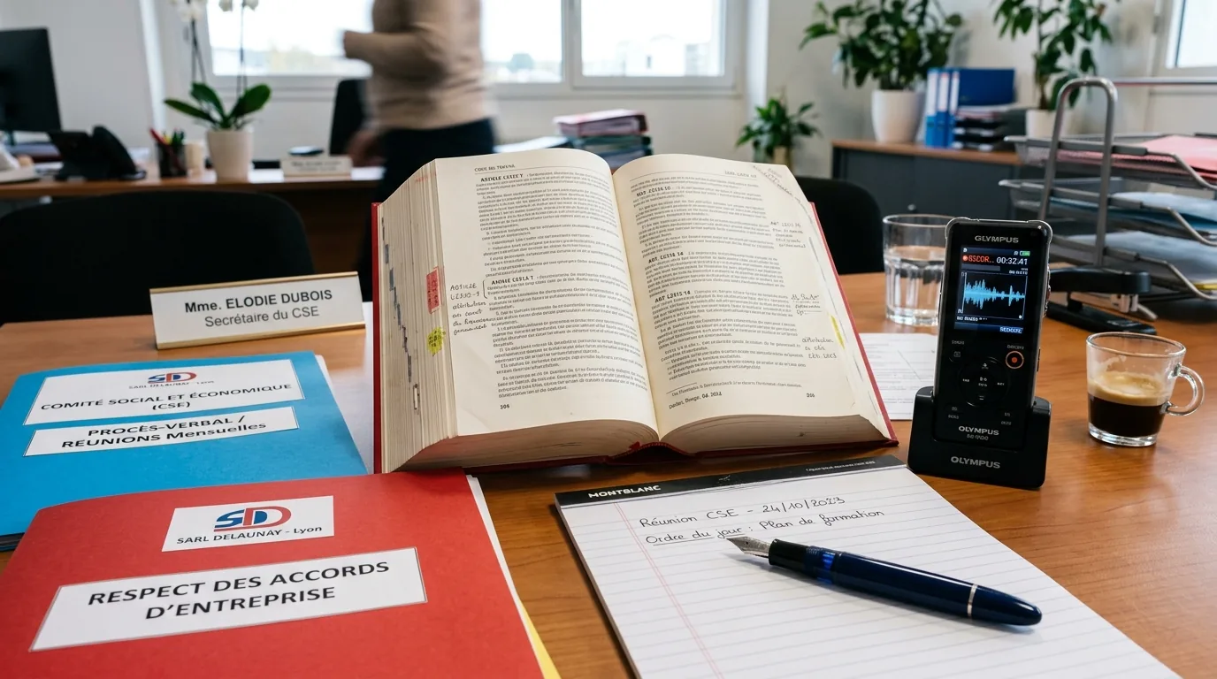 Code du Travail ouvert sur un bureau de secrétaire de CSE avec dictaphone numérique et dossiers de procès-verbaux