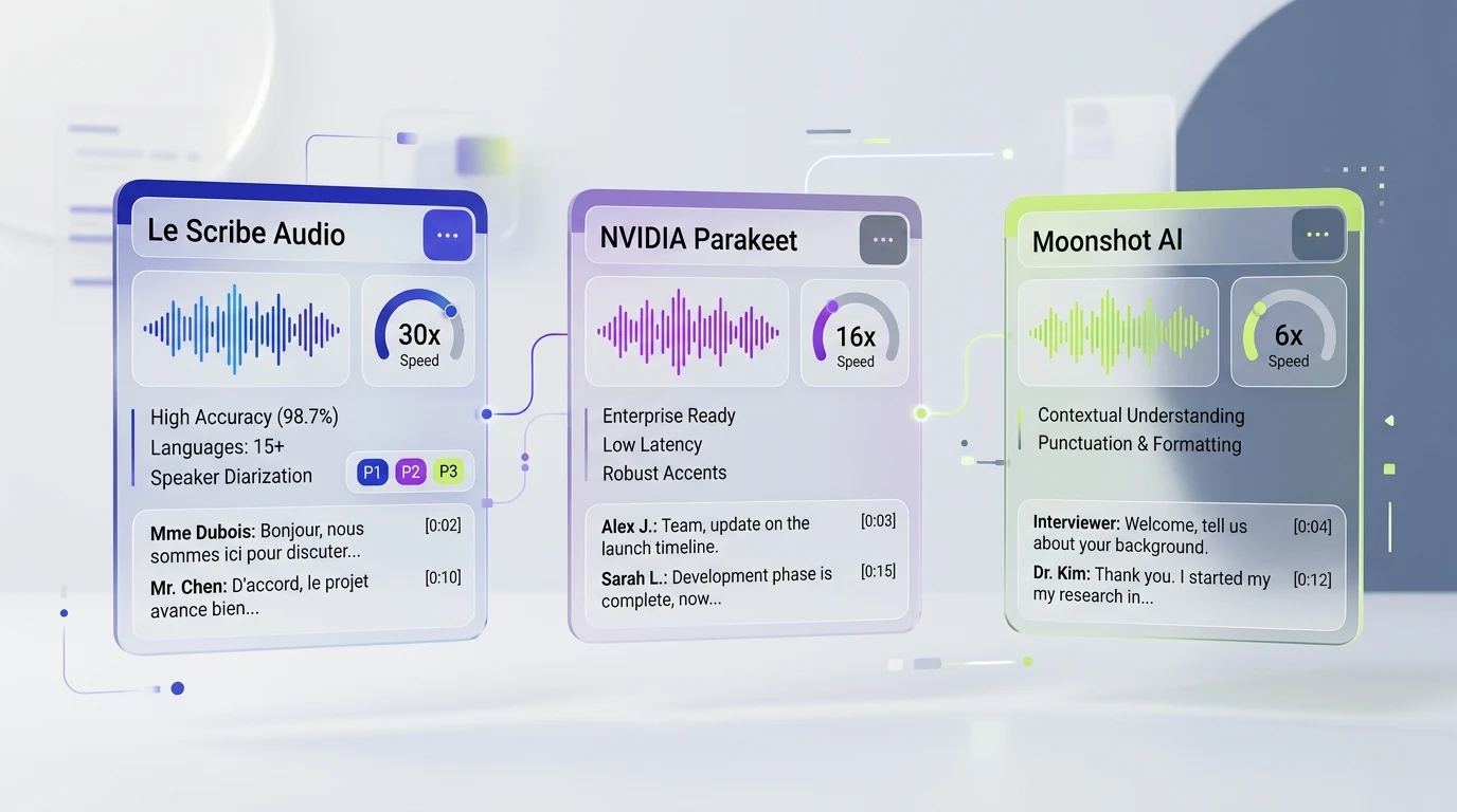Comparatif technologique des modèles d'IA Le Scribe Audio, NVIDIA Parakeet et Moonshot AI