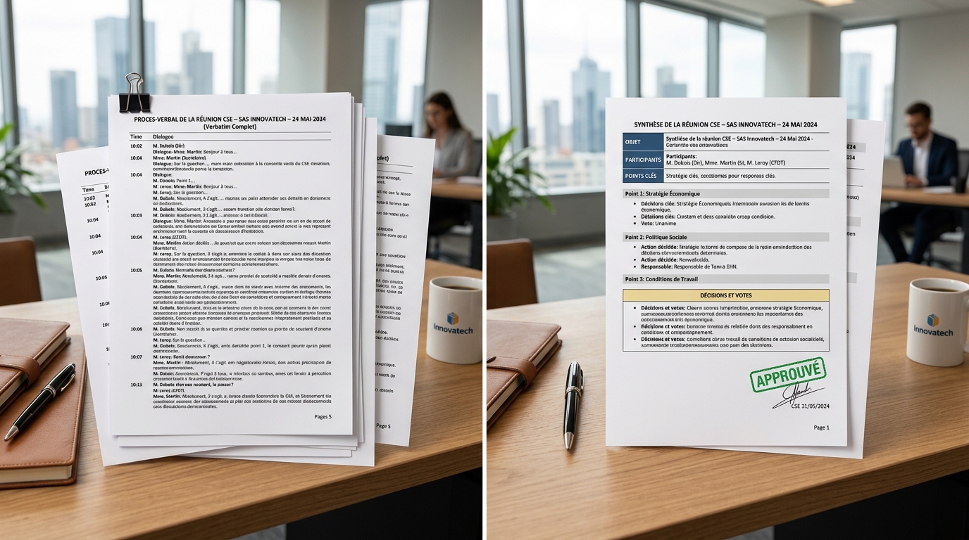 Comparatif entre Procès-Verbal Verbatim intégral et Compte Rendu de Synthèse pour réunion de CSE