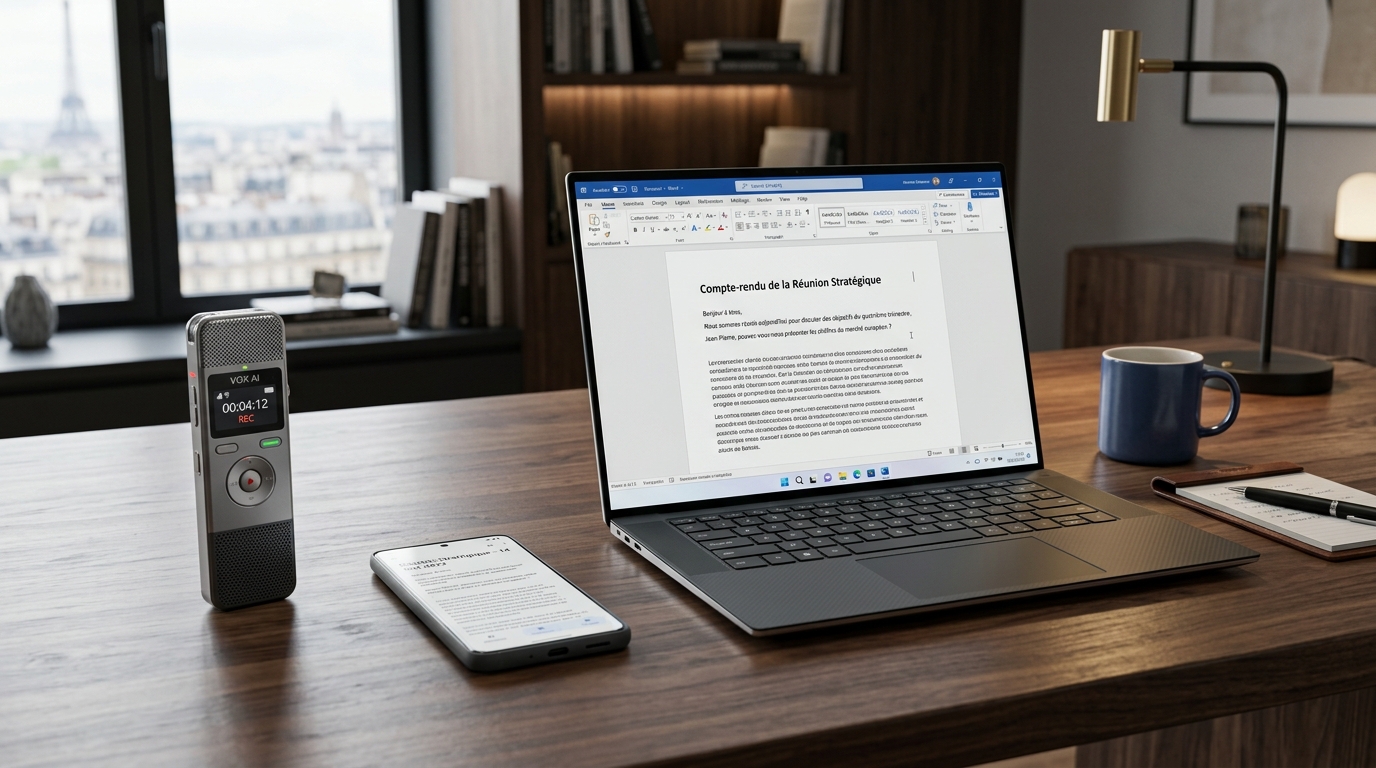 Dictaphone IA avec retranscription automatique sur ordinateur portable en texte Word