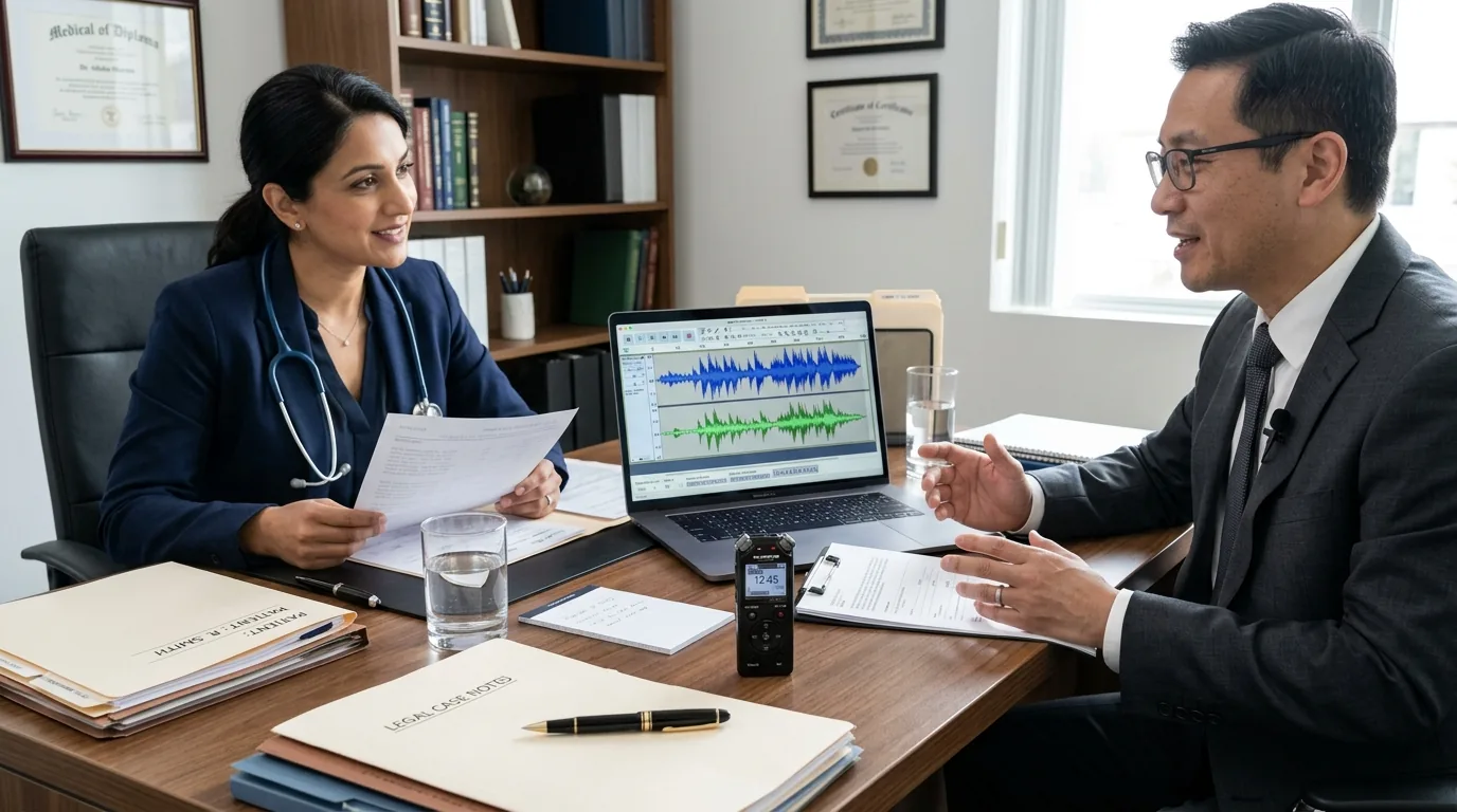 Espace de travail professionnel d'un avocat et d'un médecin utilisant un enregistreur numérique pour transcription de dictée