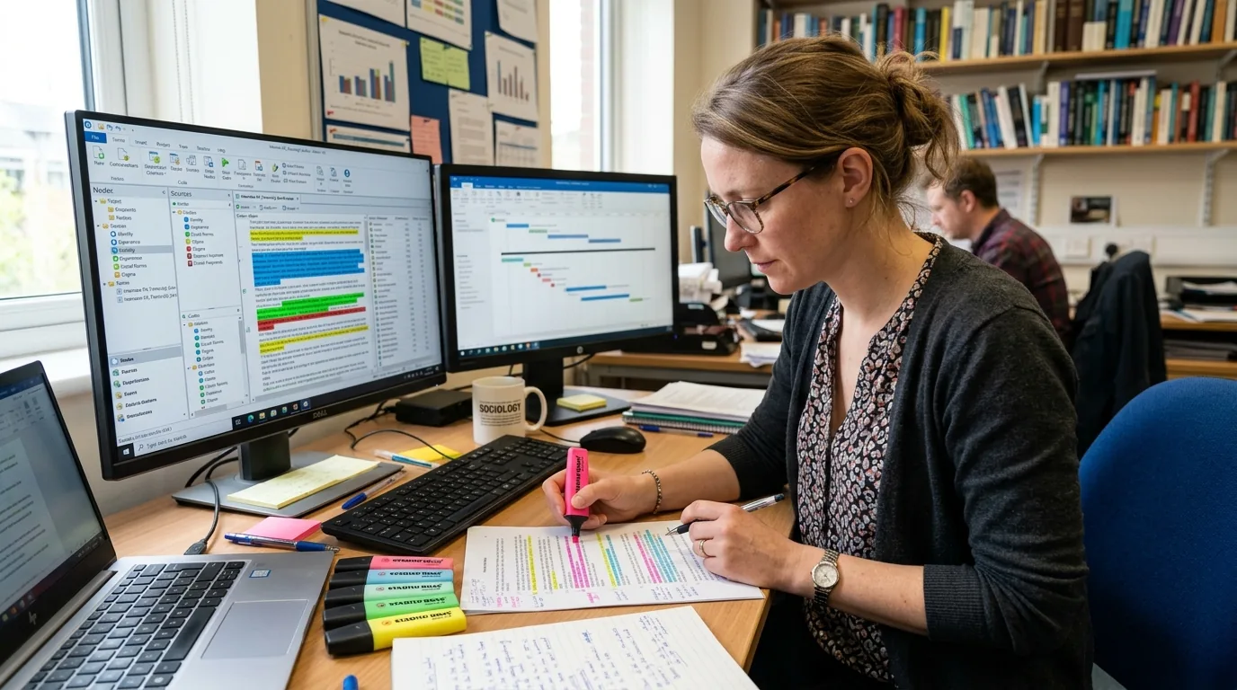 Chercheur en sociologie analysant un corpus de transcriptions d'entretiens avec surlignage thématique dans NVivo