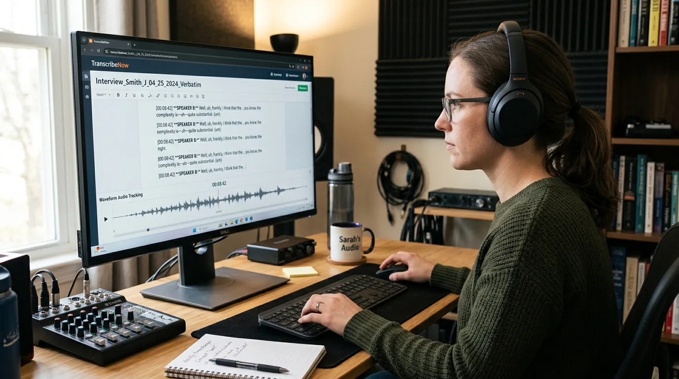 Relectrice humaine professionnelle ajustant une retranscription d'entretien au casque