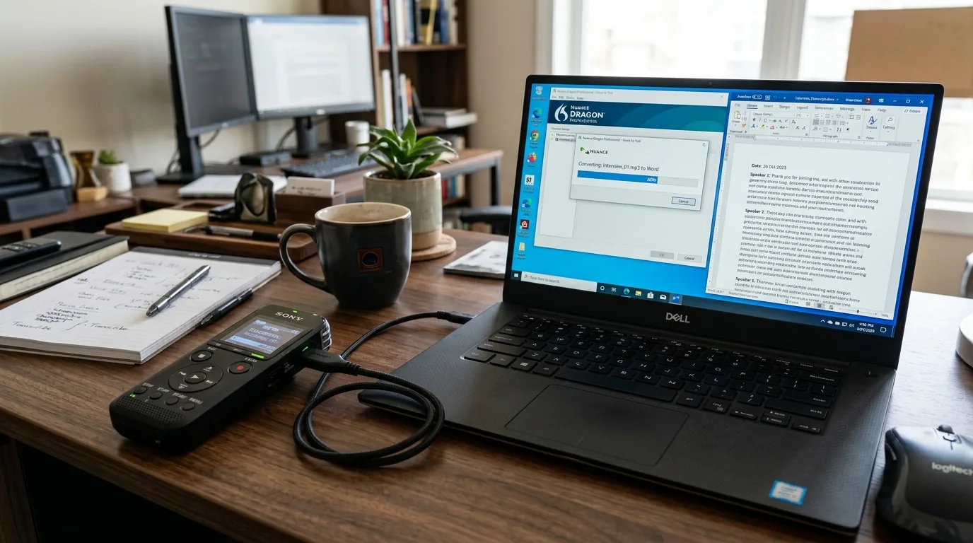 Dictaphone professionnel relié à un ordinateur pour la conversion d'un fichier audio en texte Word