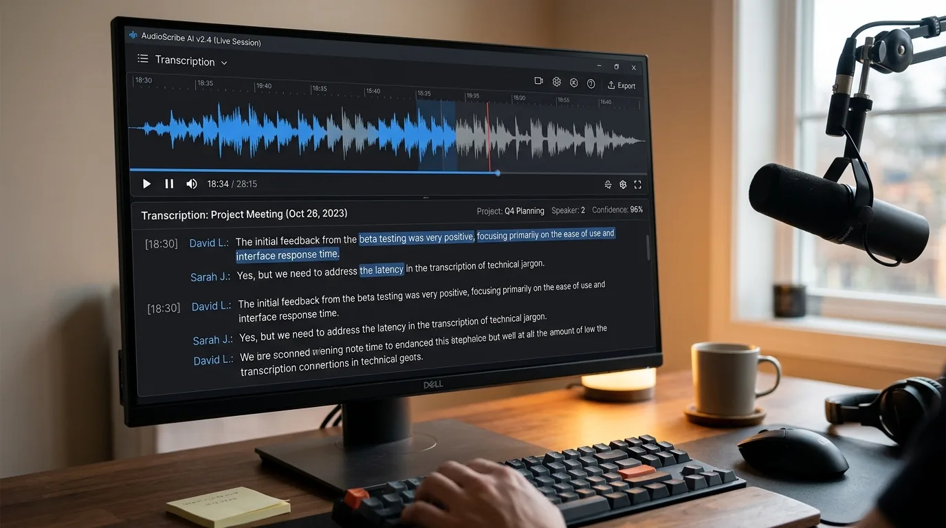 Interface moderne de logiciel de transcription automatique IA avec forme d'onde audio et texte synchronisé