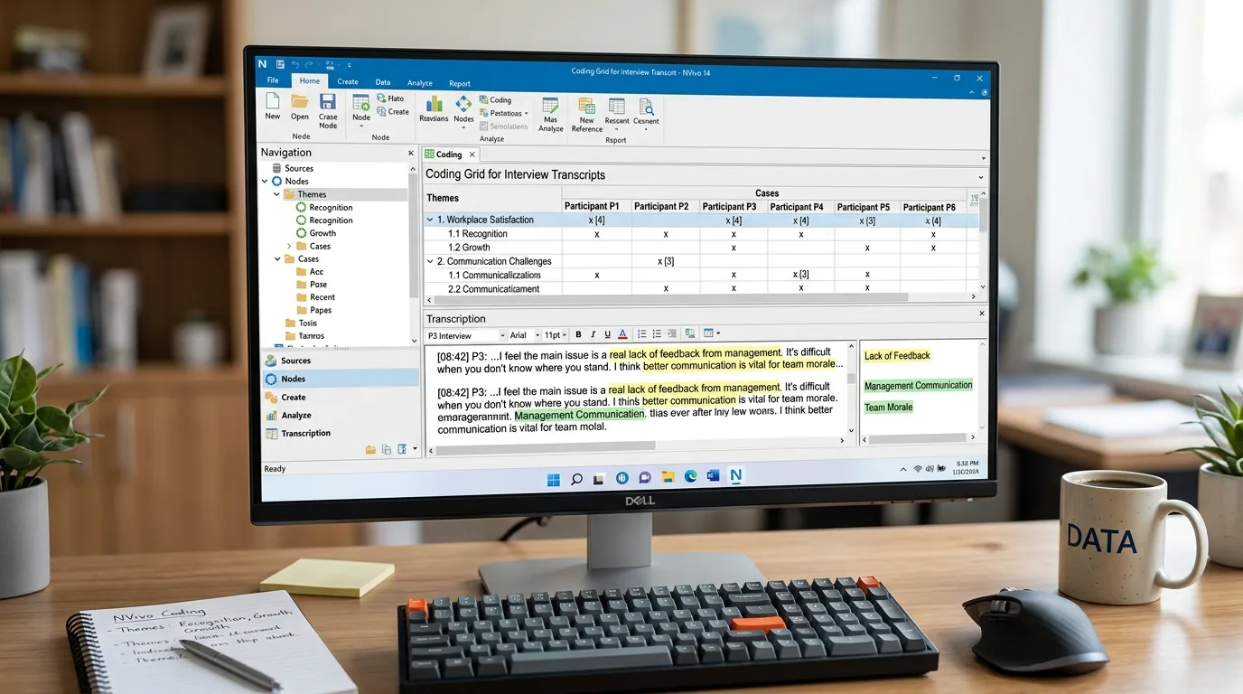 Écran du logiciel NVivo avec grille de codage thématique et verbatims
