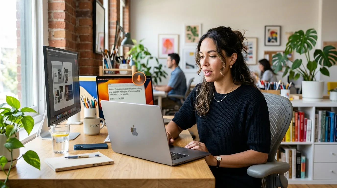 Utilisatrice dictant du texte sur MacBook Pro avec Apple Dictation