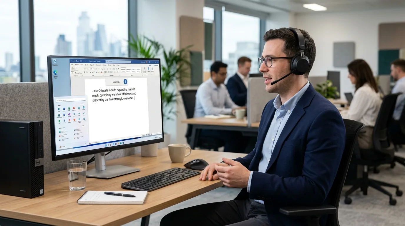Utilisateur effectuant une saisie vocale avec casque microphone sur PC Windows 11
