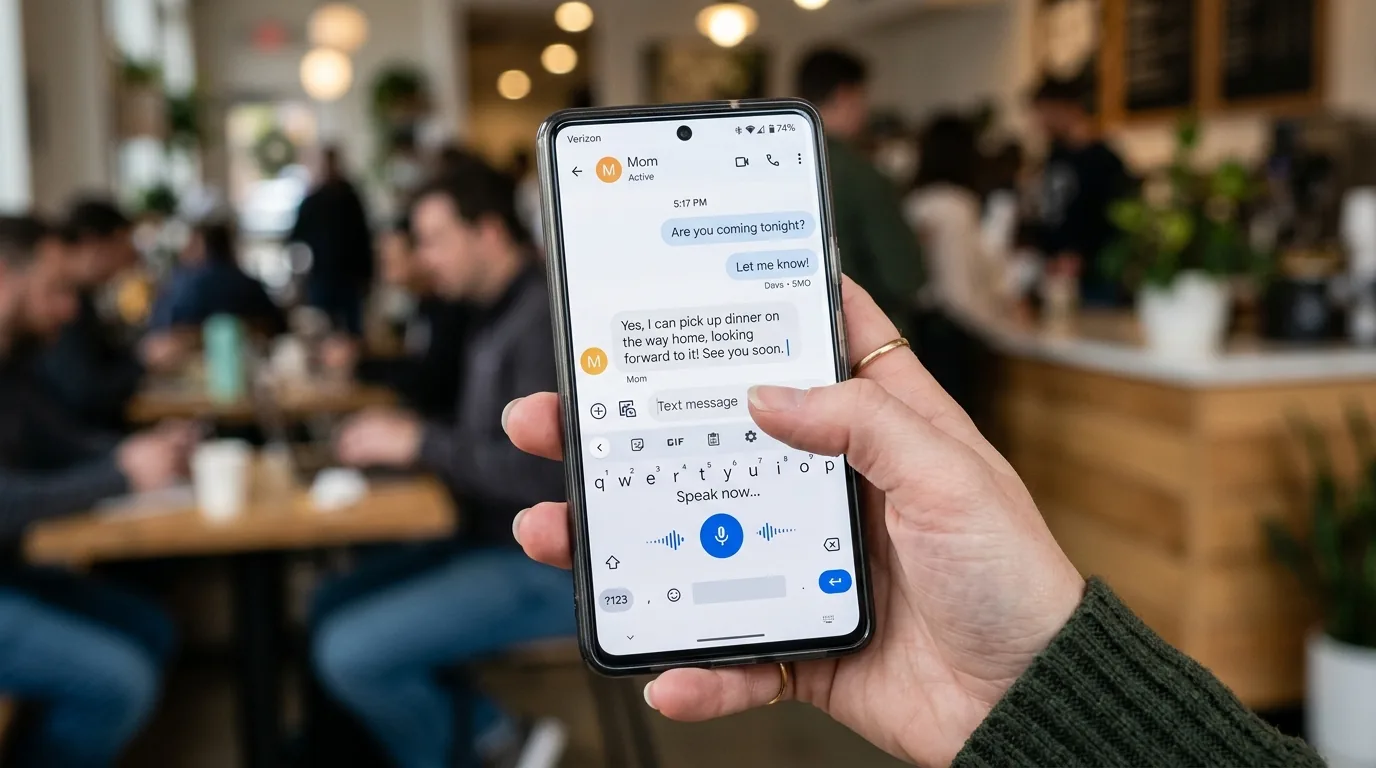 Main tenant un smartphone avec clavier vocal et dictée de message en direct
