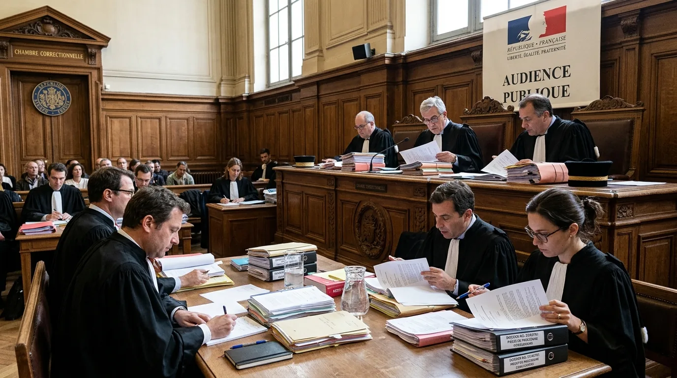 Salle d'audience juridique et notariat avec juges et avocats