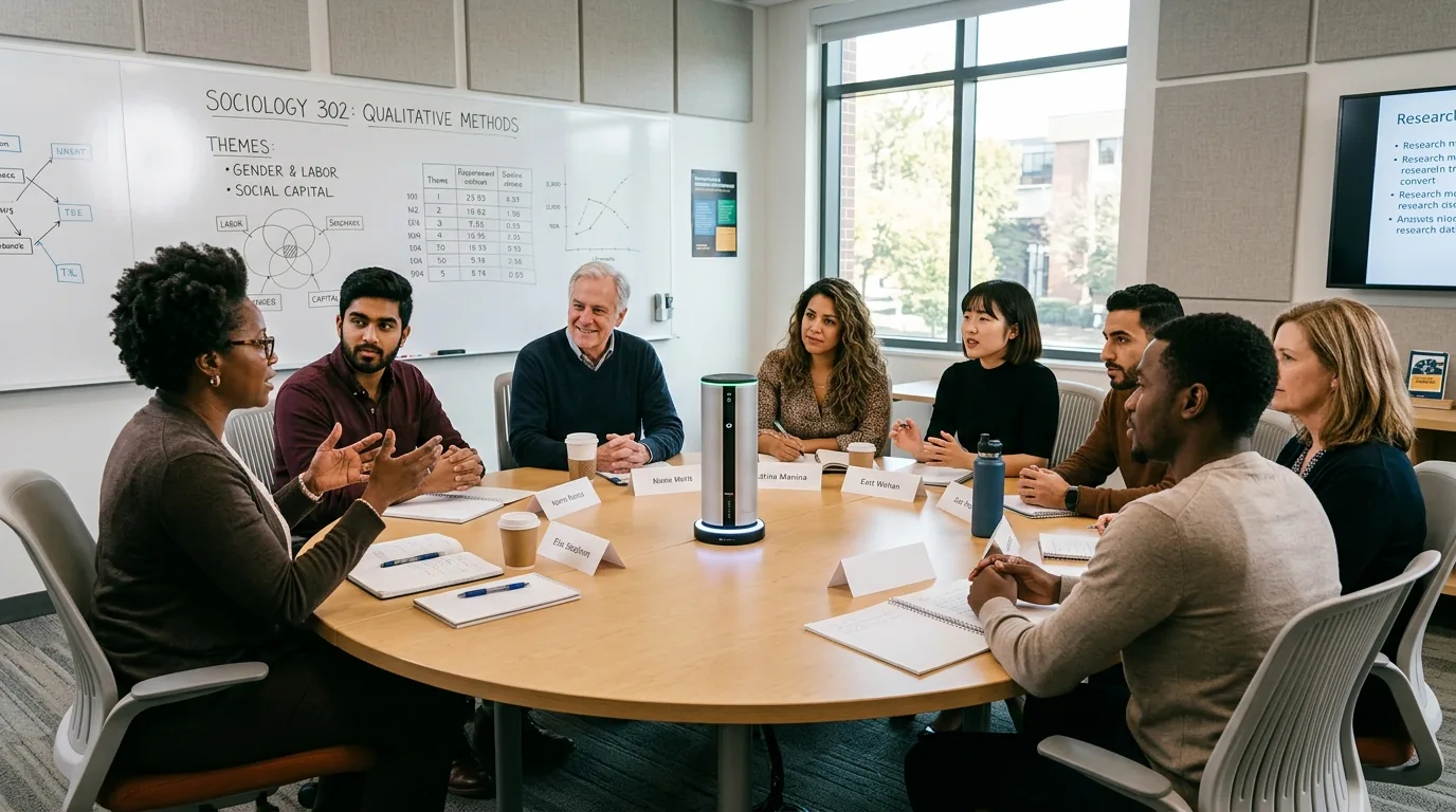 Discussion de groupe focus group en sociologie avec micro central