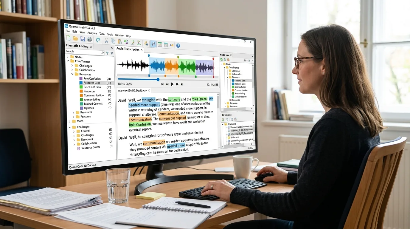 Interface de logiciel d'analyse qualitative NVivo, encodage thématique et transcription d'entretiens