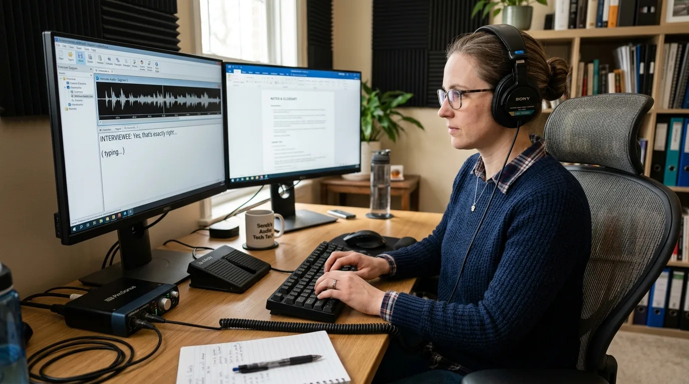 Audiotypiste professionnelle travaillant avec un casque de monitoring, un pédalier USB et un logiciel de frappe