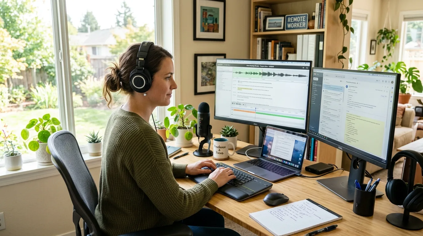 Transcripteur freelance travaillant à distance sur un compte rendu de réunion