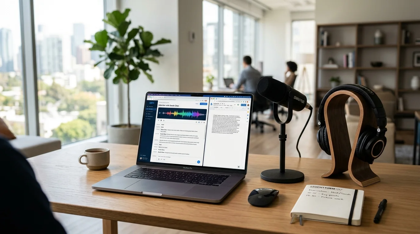 Poste de travail moderne et logiciel de transcription audio automatique avec onde sonore et texte
