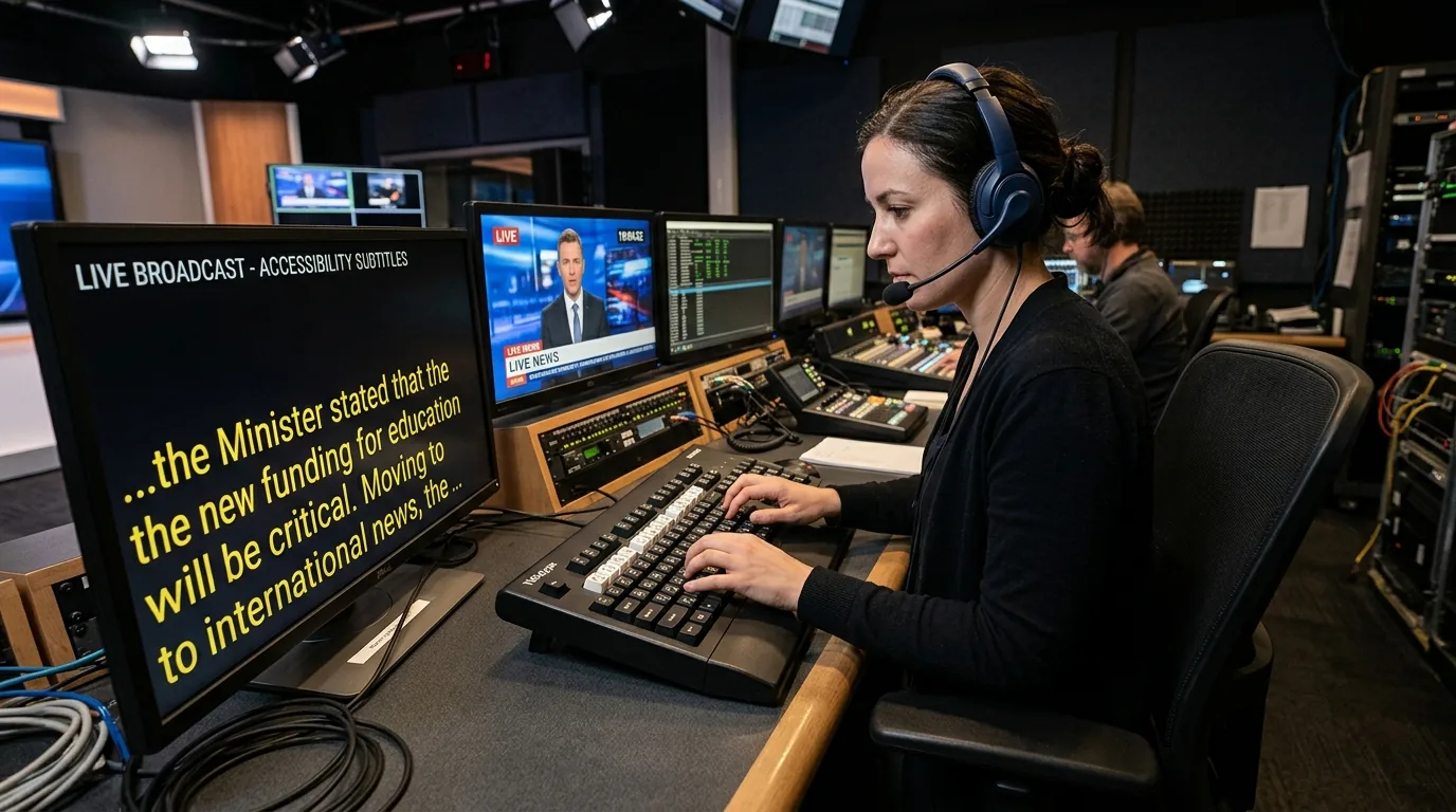 Vélotypiste utilisant le clavier syllabique Vélotype pour sous-titrage en direct