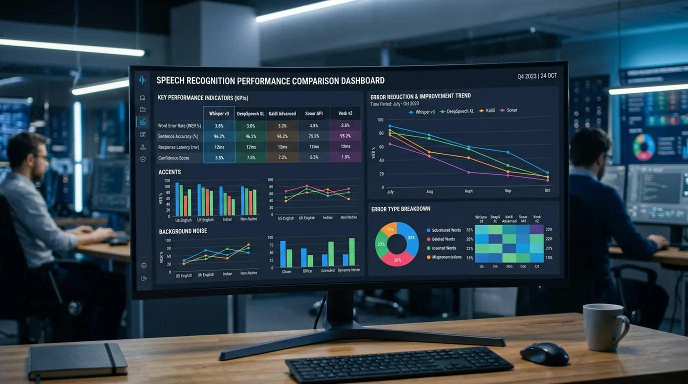 Dashboard de benchmark comparatif de précision entre modèles IA de transcription