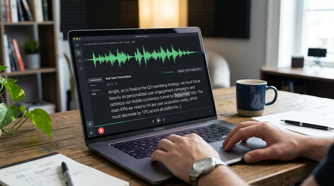 Interface moderne de conversion audio en texte avec forme d'onde
