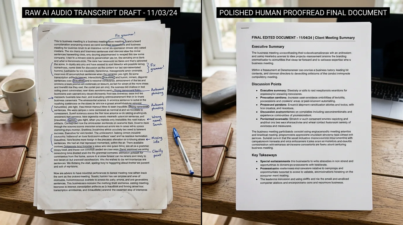 Différence entre brouillon IA brut et retranscription humaine relue