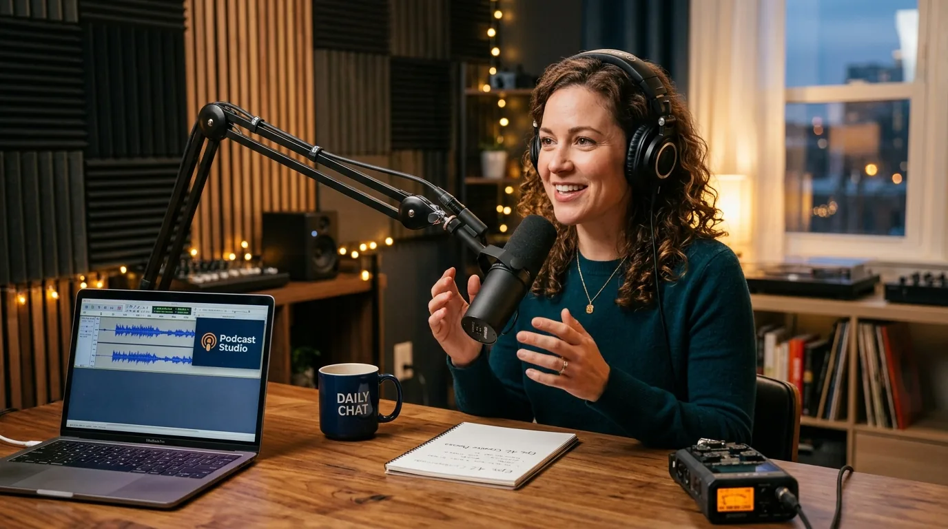 Hôte de podcast enregistrant un épisode au studio avec micro professionnel